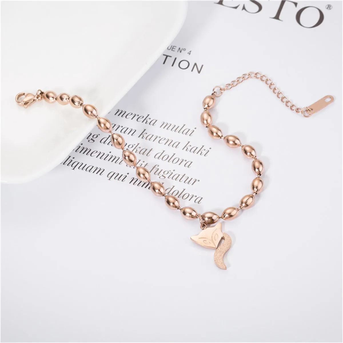 18K Rose Gold-Plated Bead Chain Frosted Fox Charm Bracelet