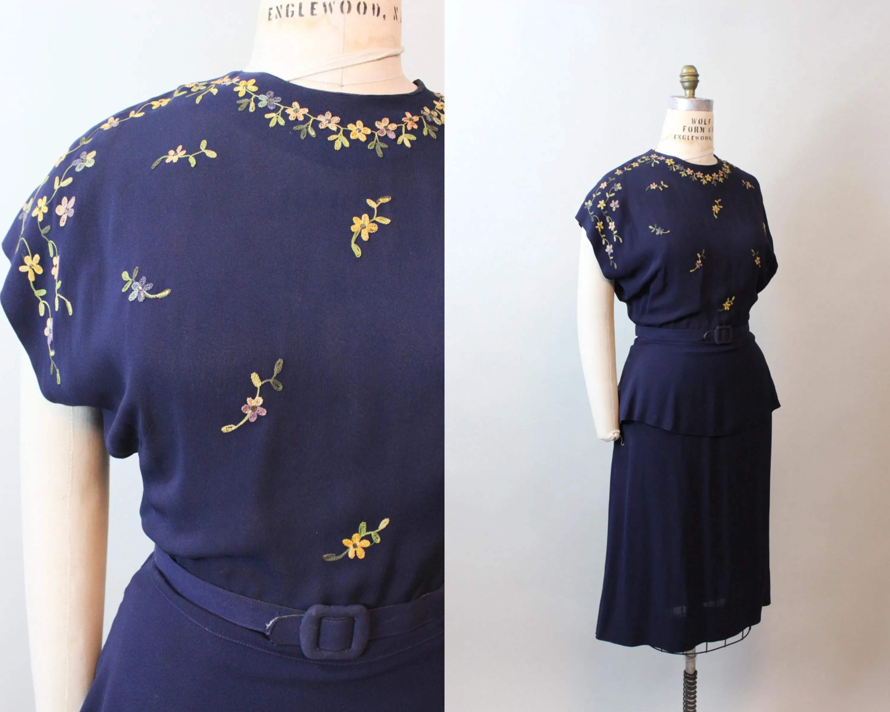 1940s EMBROIDERED peplum panel rayon dress large | new fall winter