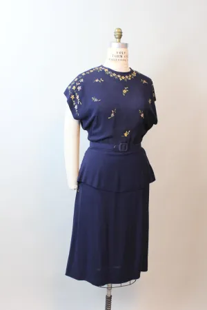 1940s EMBROIDERED peplum panel rayon dress large | new fall winter