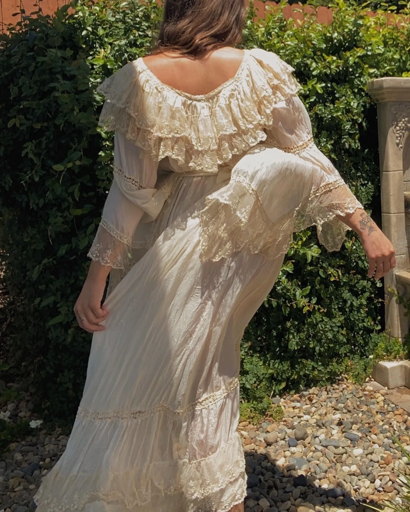 Antique Early 1900s Silk & Lace Empire Tea Gown