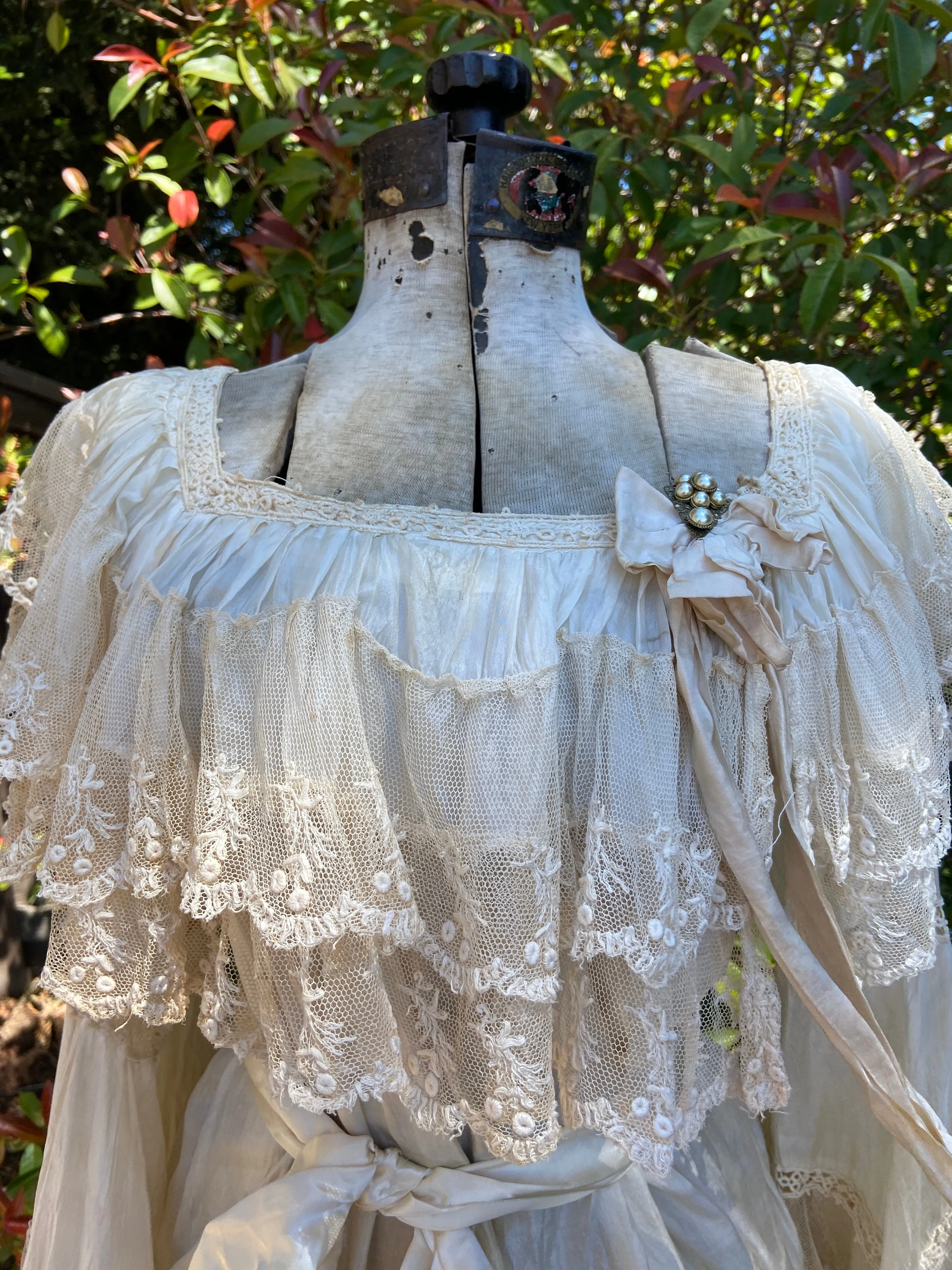 Antique Early 1900s Silk & Lace Empire Tea Gown