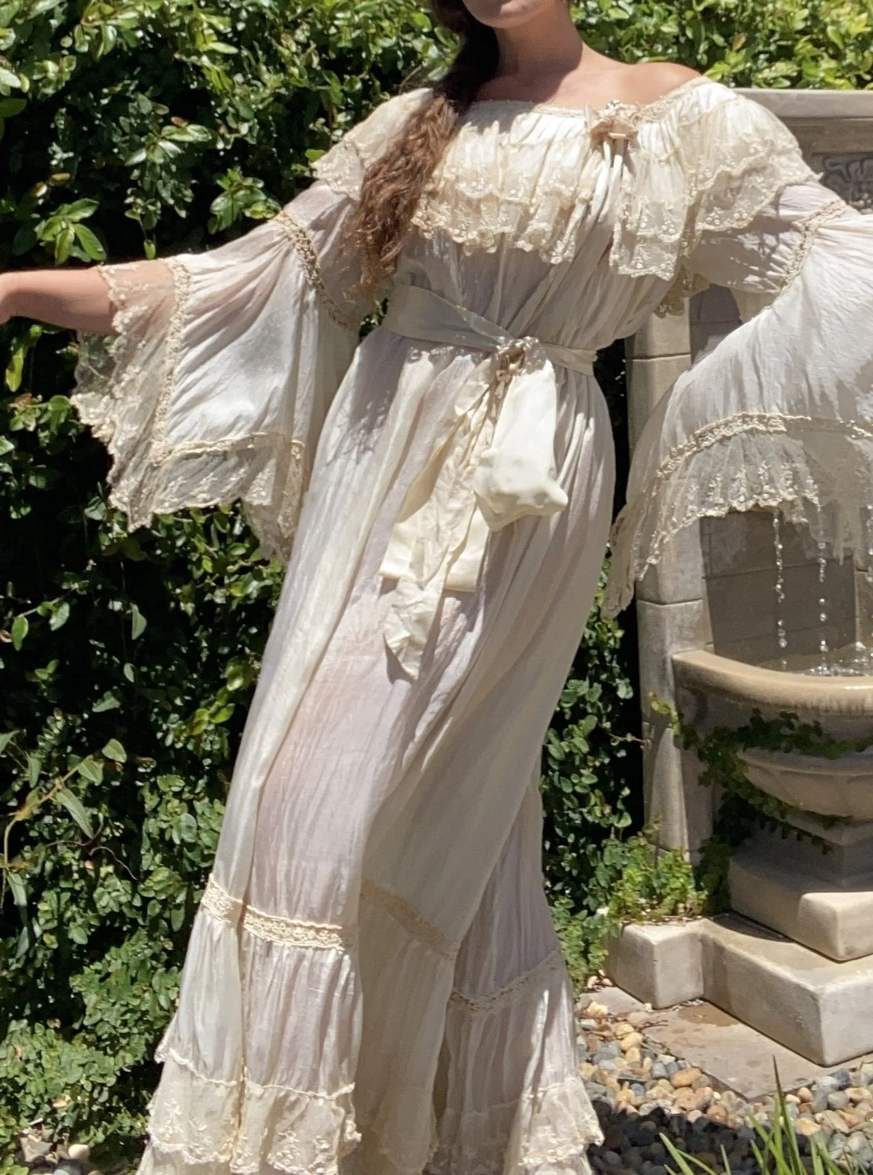 Antique Early 1900s Silk & Lace Empire Tea Gown
