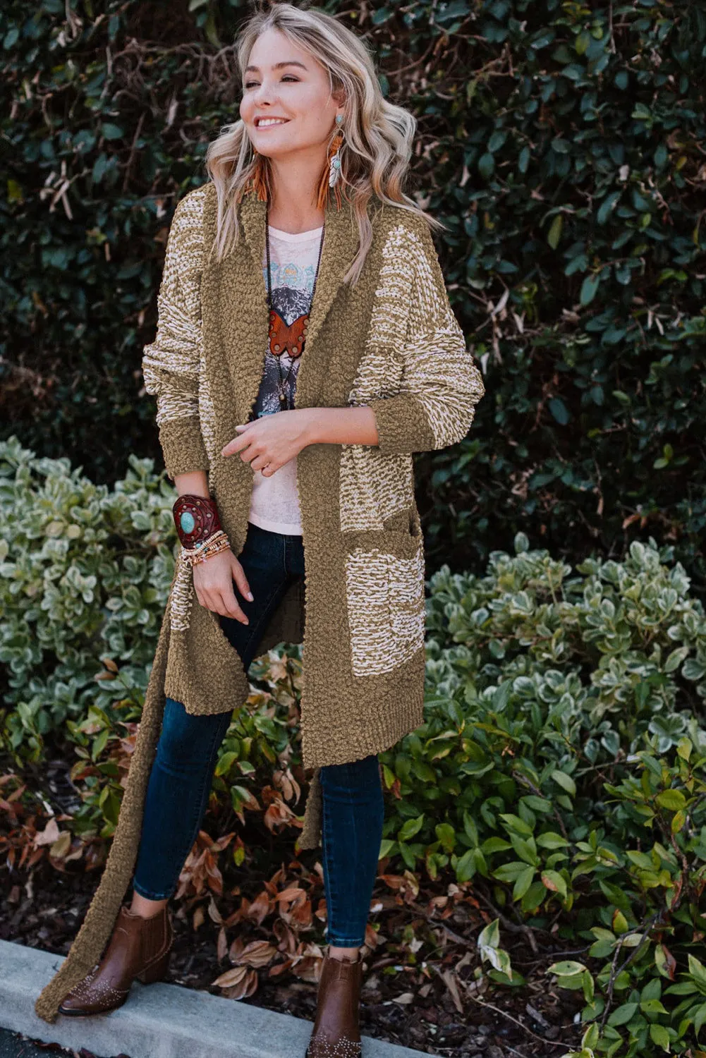 Apricot khaki Red Contrast Trim Long Sleeve Belted Cardigan