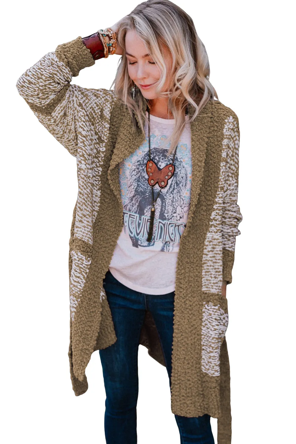 Apricot khaki Red Contrast Trim Long Sleeve Belted Cardigan