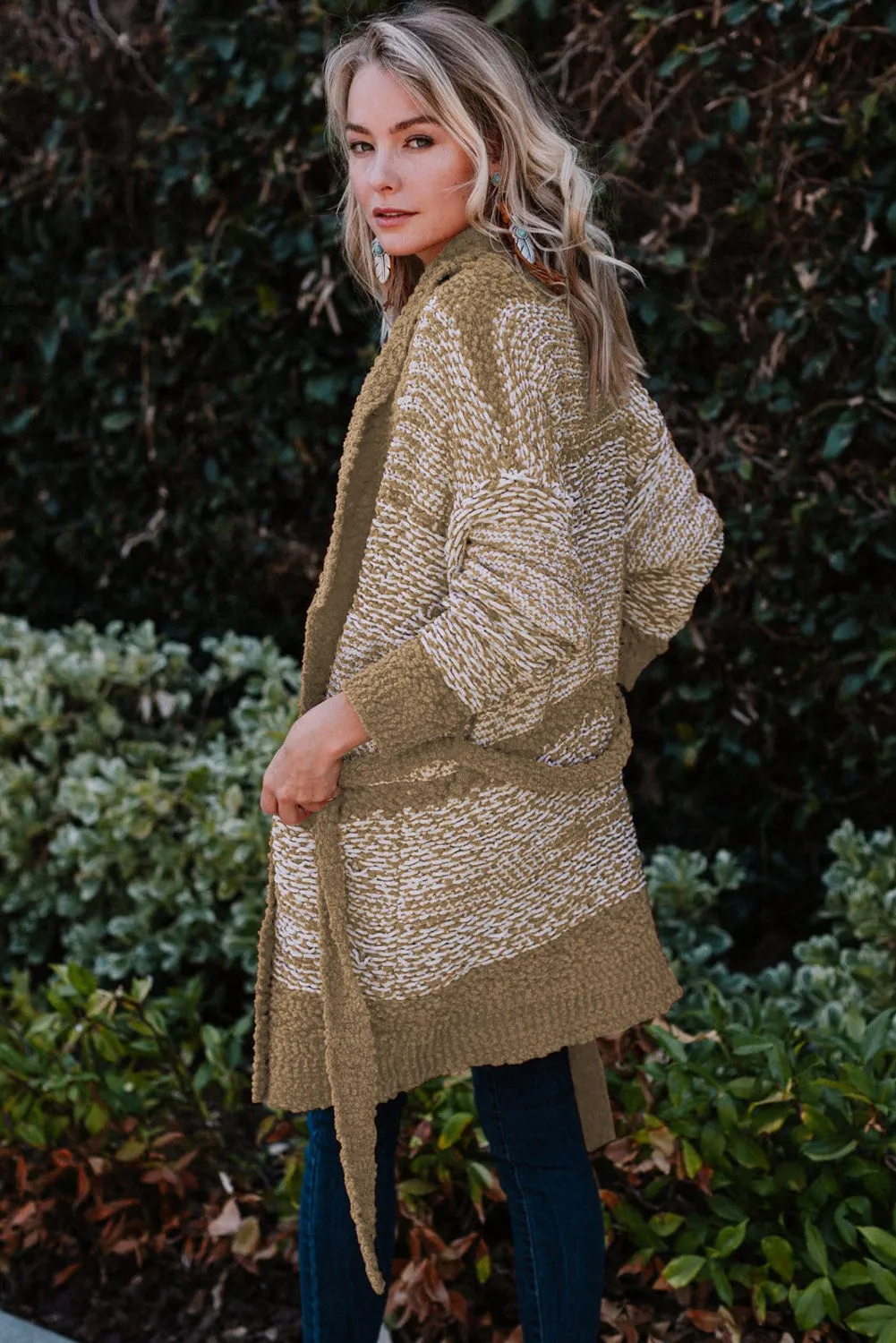Apricot khaki Red Contrast Trim Long Sleeve Belted Cardigan