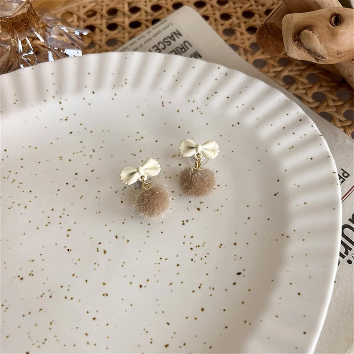 Beige Enamel & Blush Pom-Pom Bow Drop Earrings