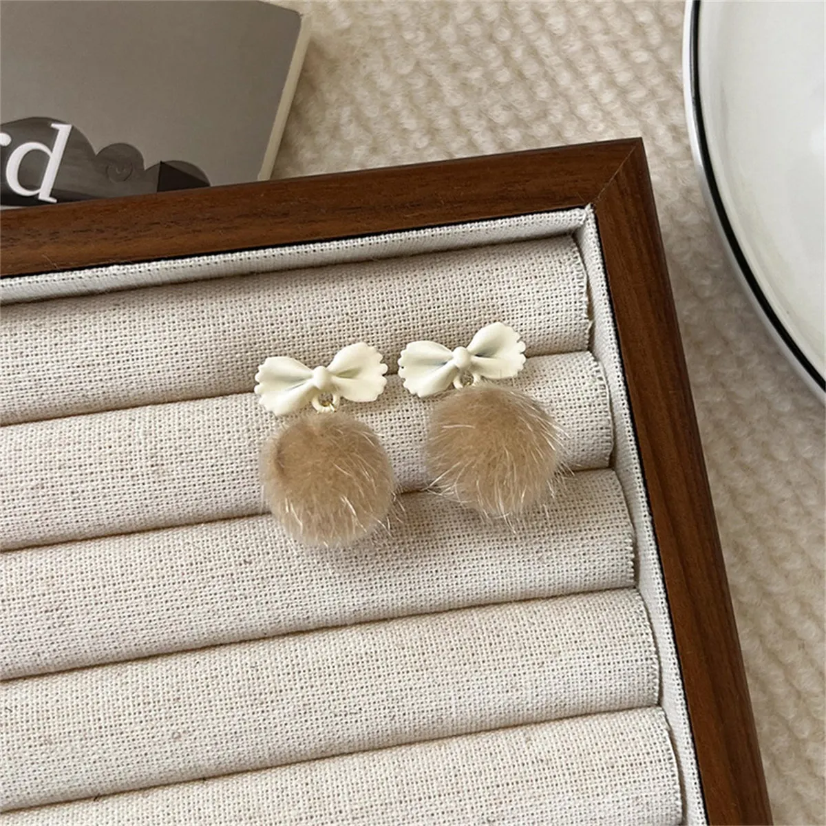 Beige Enamel & Blush Pom-Pom Bow Drop Earrings