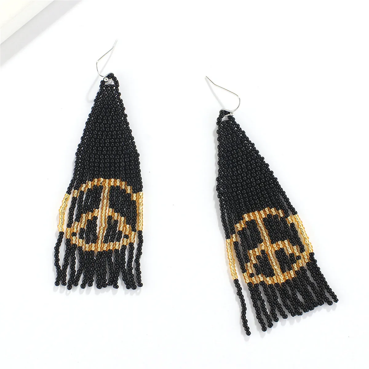 Black & Champagne Peace Sign Beaded Drop Earrings
