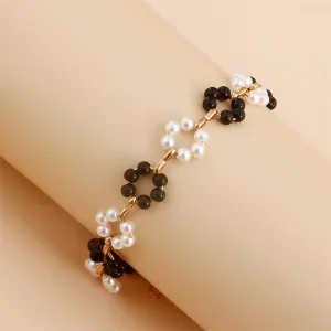 Black & White Pearl 18K Gold-Plated Floral Beaded Bracelet