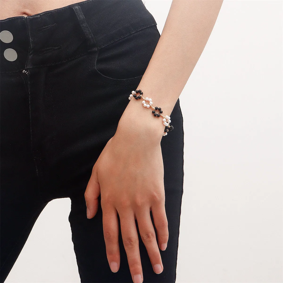 Black & White Pearl 18K Gold-Plated Floral Beaded Bracelet