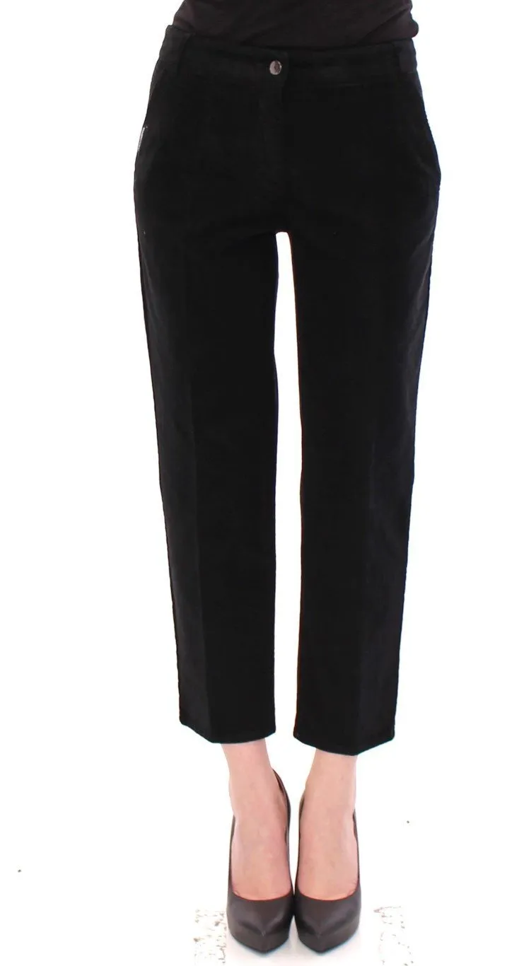 Black Cotton Cropped Corduroys Jeans Pants