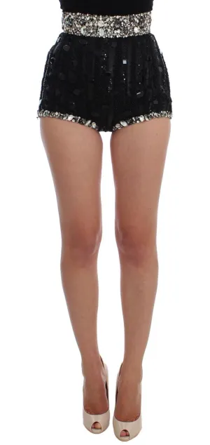 Black Crystal Sequined Mini Shorts