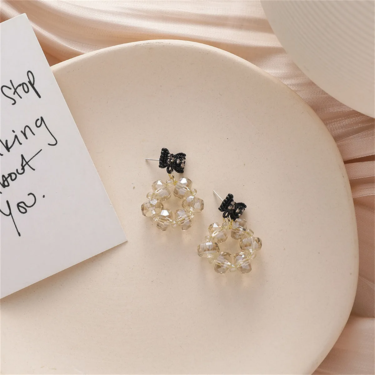 Black Cubic Zirconia & Acrylic Hoop Bow Drop Earrings
