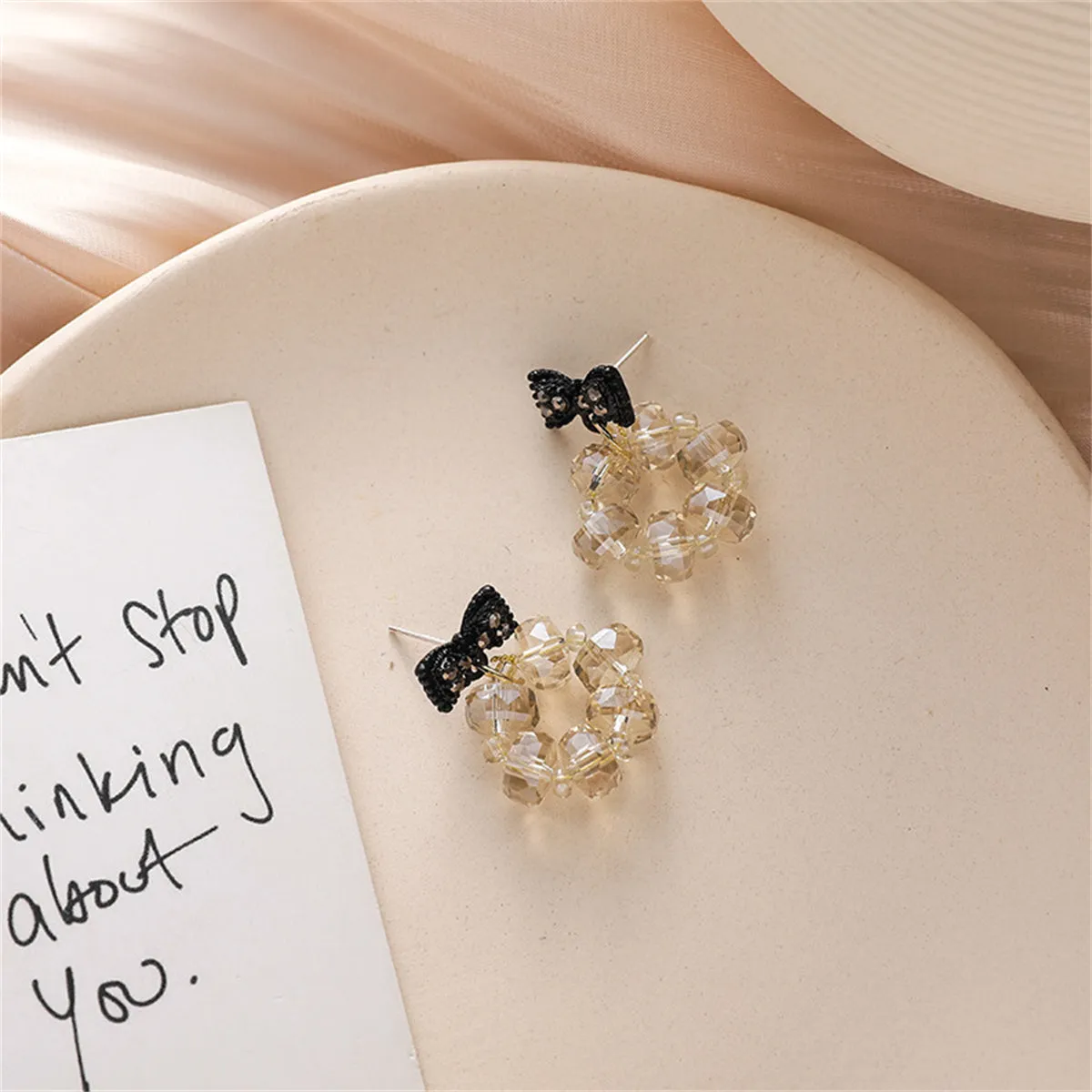 Black Cubic Zirconia & Acrylic Hoop Bow Drop Earrings