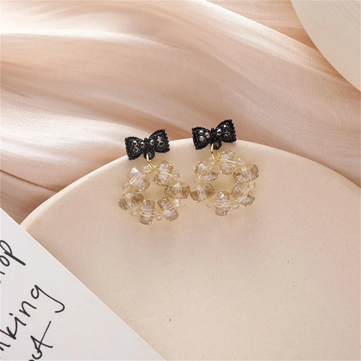Black Cubic Zirconia & Acrylic Hoop Bow Drop Earrings