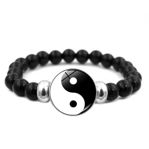 Black Glass & Silver-Plated Yin & Yang Stretch Bracelet