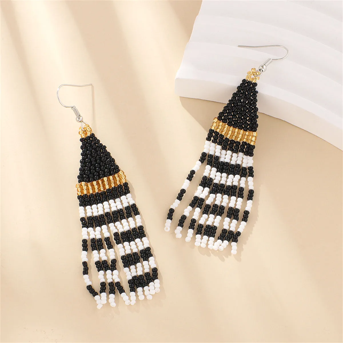 Black Howlite Stripe Tassel Drop Earrings