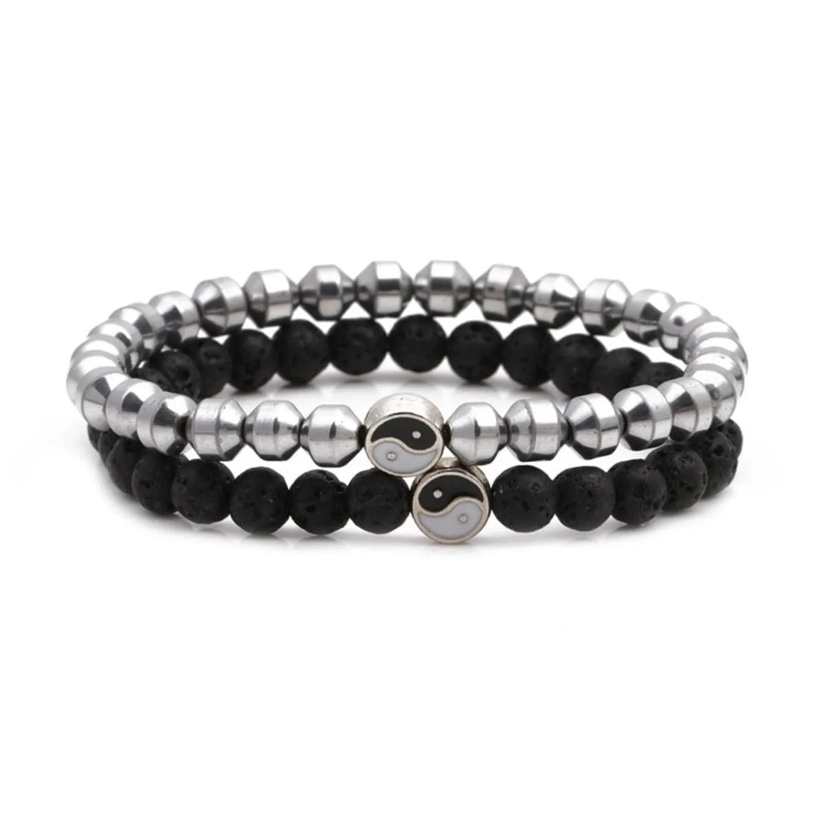 Black Pelelith & Silver-Plated Yin & Yang Stretch Bracelet Set
