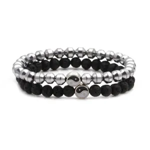 Black Pelelith & Silver-Plated Yin & Yang Stretch Bracelet Set