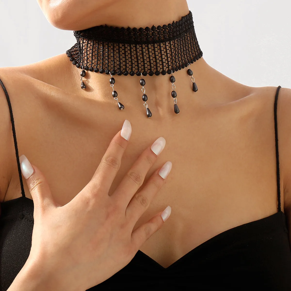Black Resin & Polyster Silver-Plated Tassel Choker Necklace