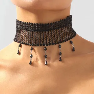 Black Resin & Polyster Silver-Plated Tassel Choker Necklace