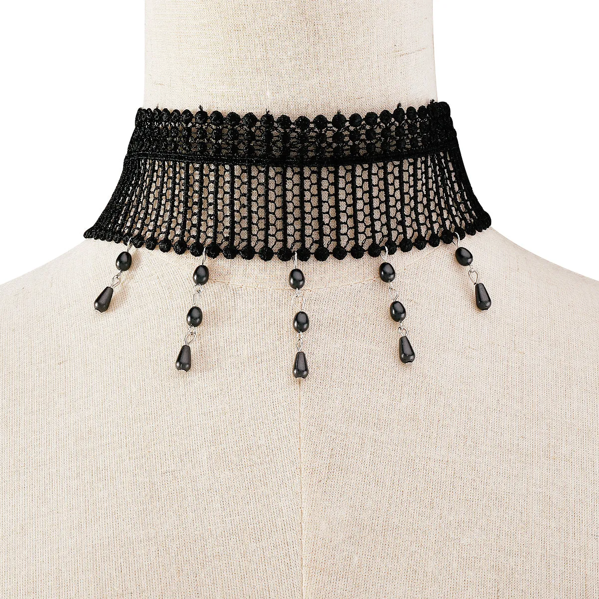 Black Resin & Polyster Silver-Plated Tassel Choker Necklace