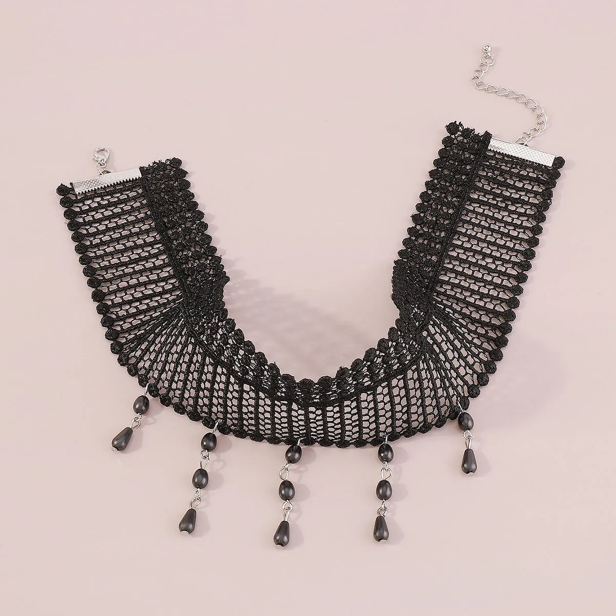 Black Resin & Polyster Silver-Plated Tassel Choker Necklace