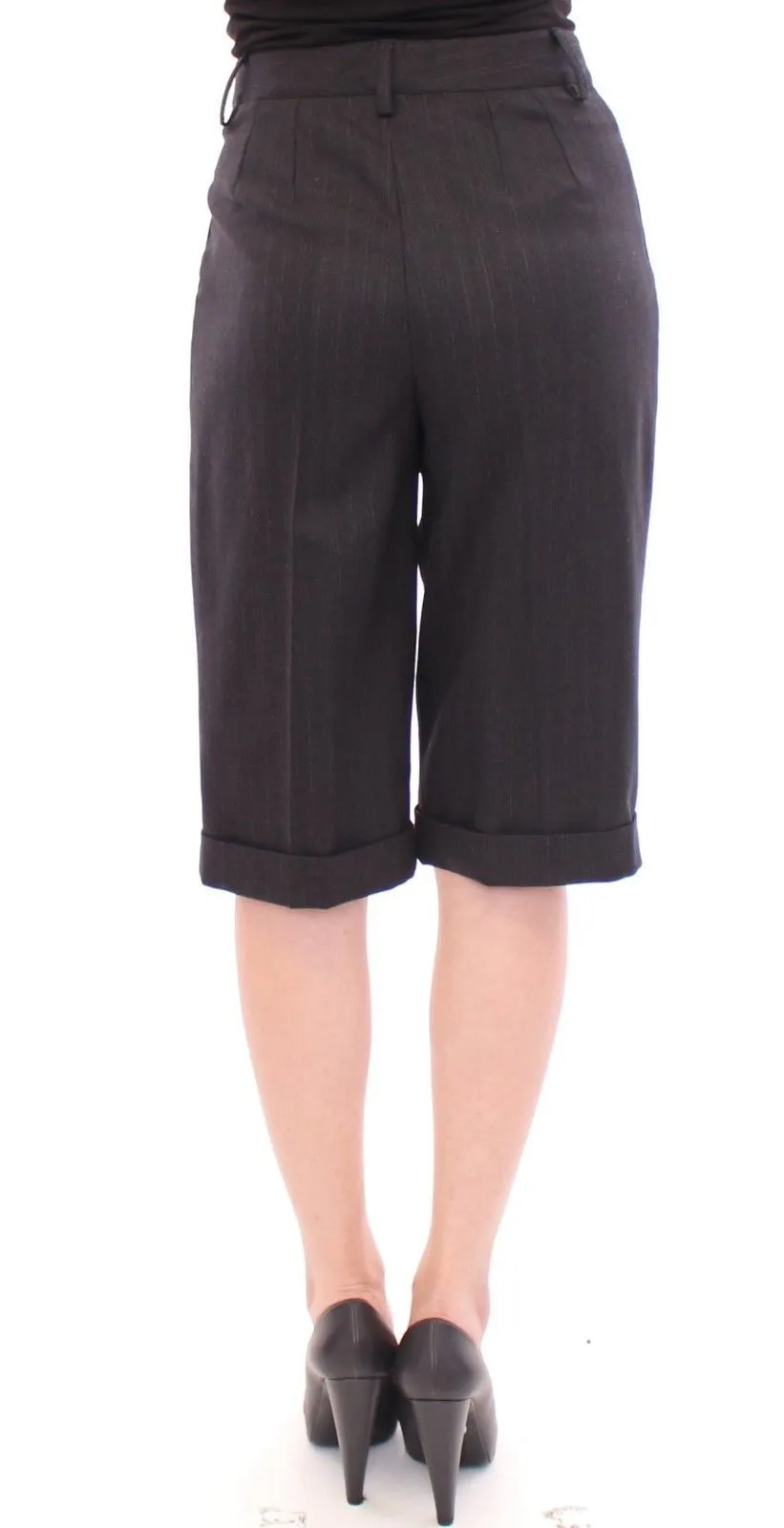 Black Wool Striped Pattern Shorts Pants