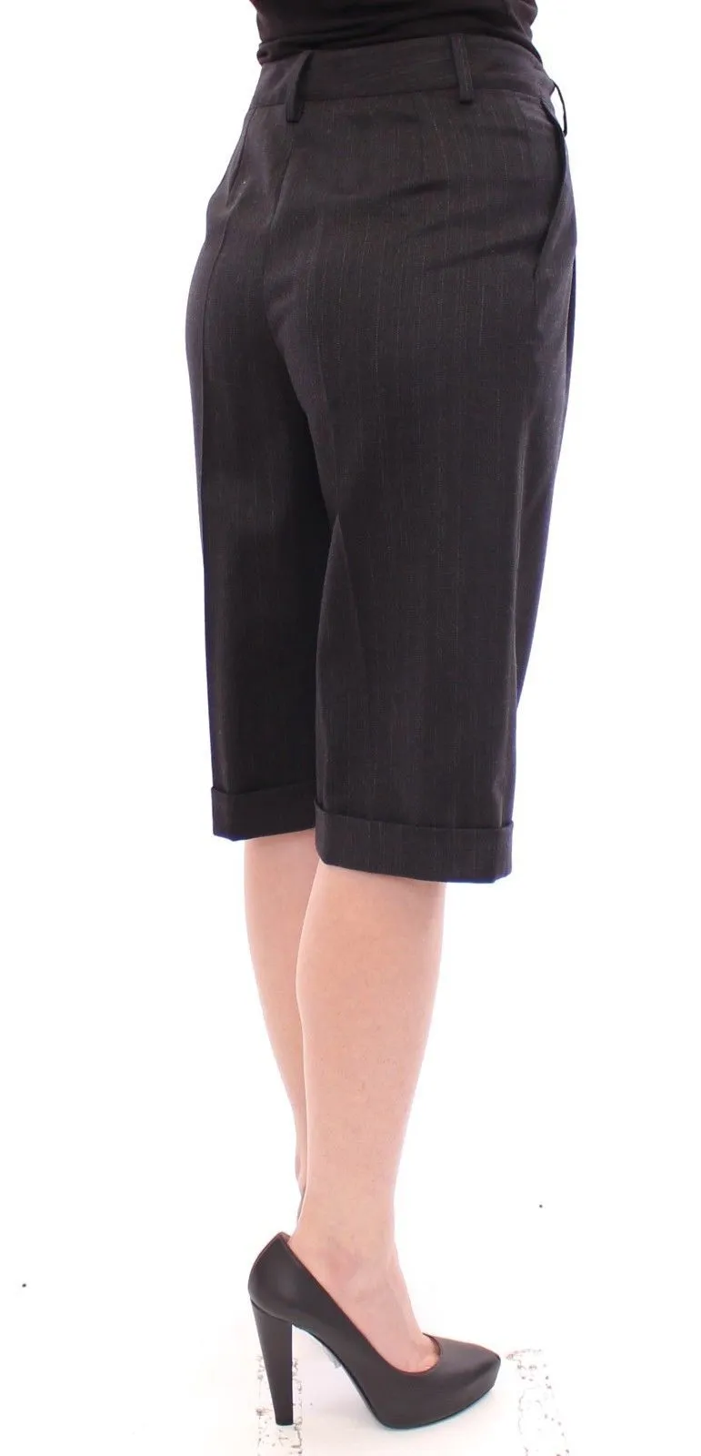 Black Wool Striped Pattern Shorts Pants