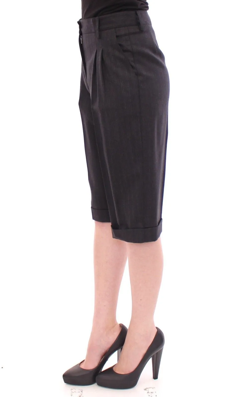 Black Wool Striped Pattern Shorts Pants