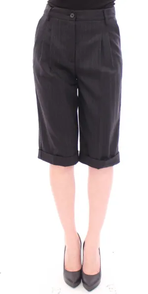 Black Wool Striped Pattern Shorts Pants