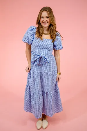 Blue Checker Front Bow Scallop Dress