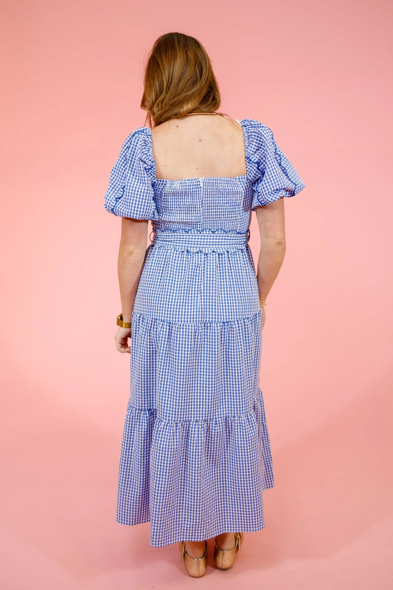 Blue Checker Front Bow Scallop Dress