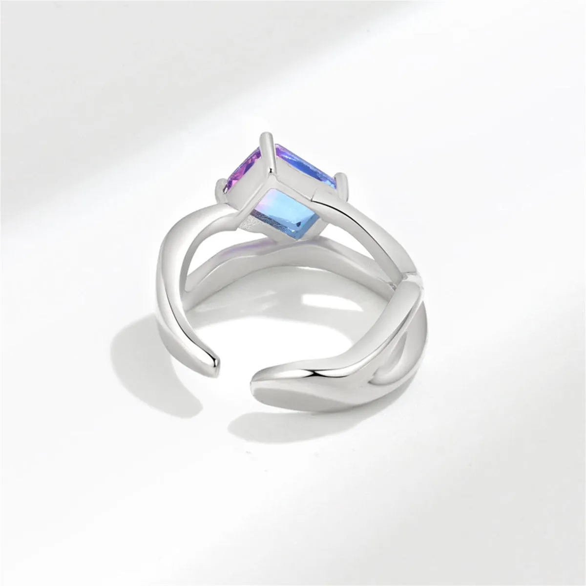 Blue Crystal & Silver-Plated Rectangle Open Ring