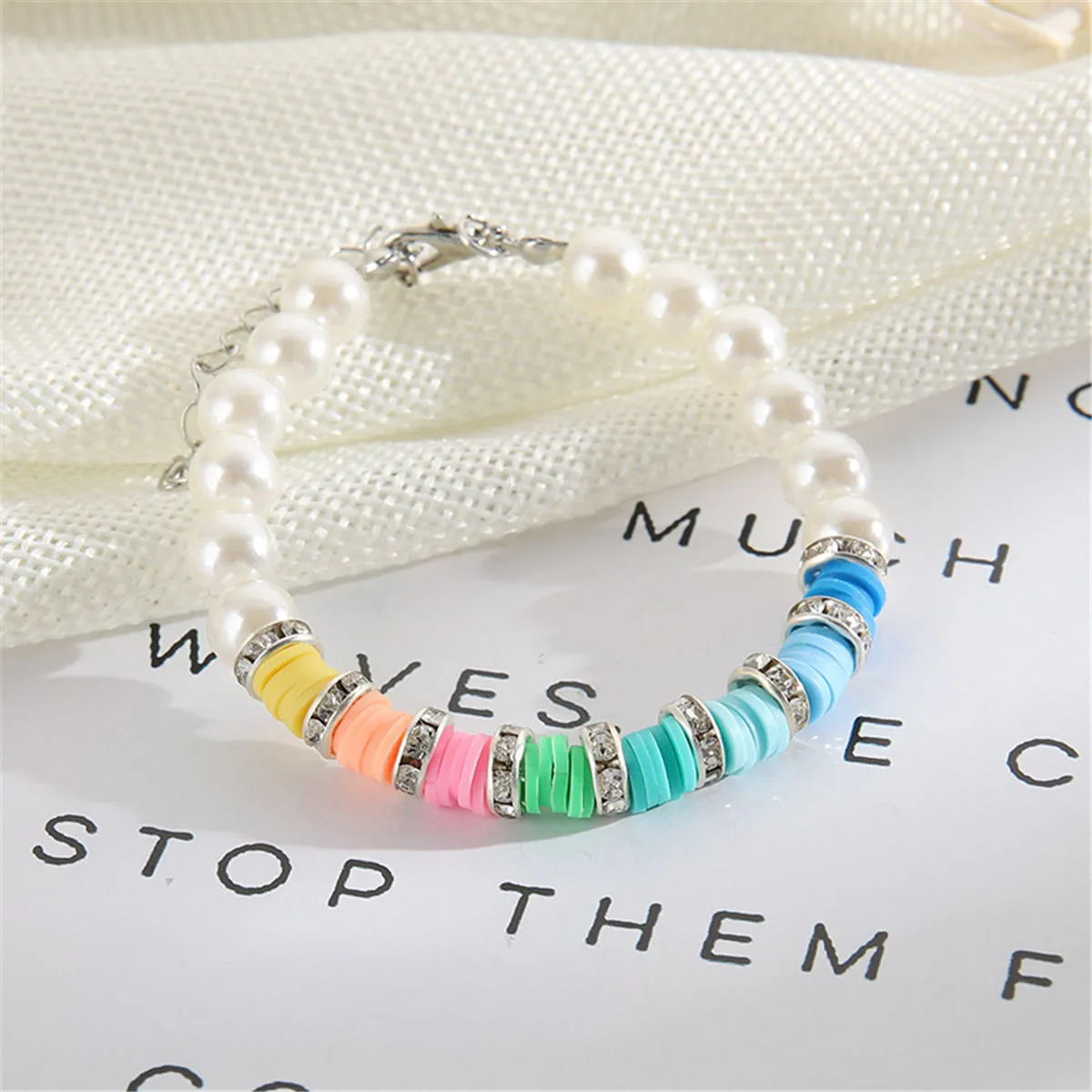 Blue Polymer Clay & Pearl Multicolor Beaded Bracelet