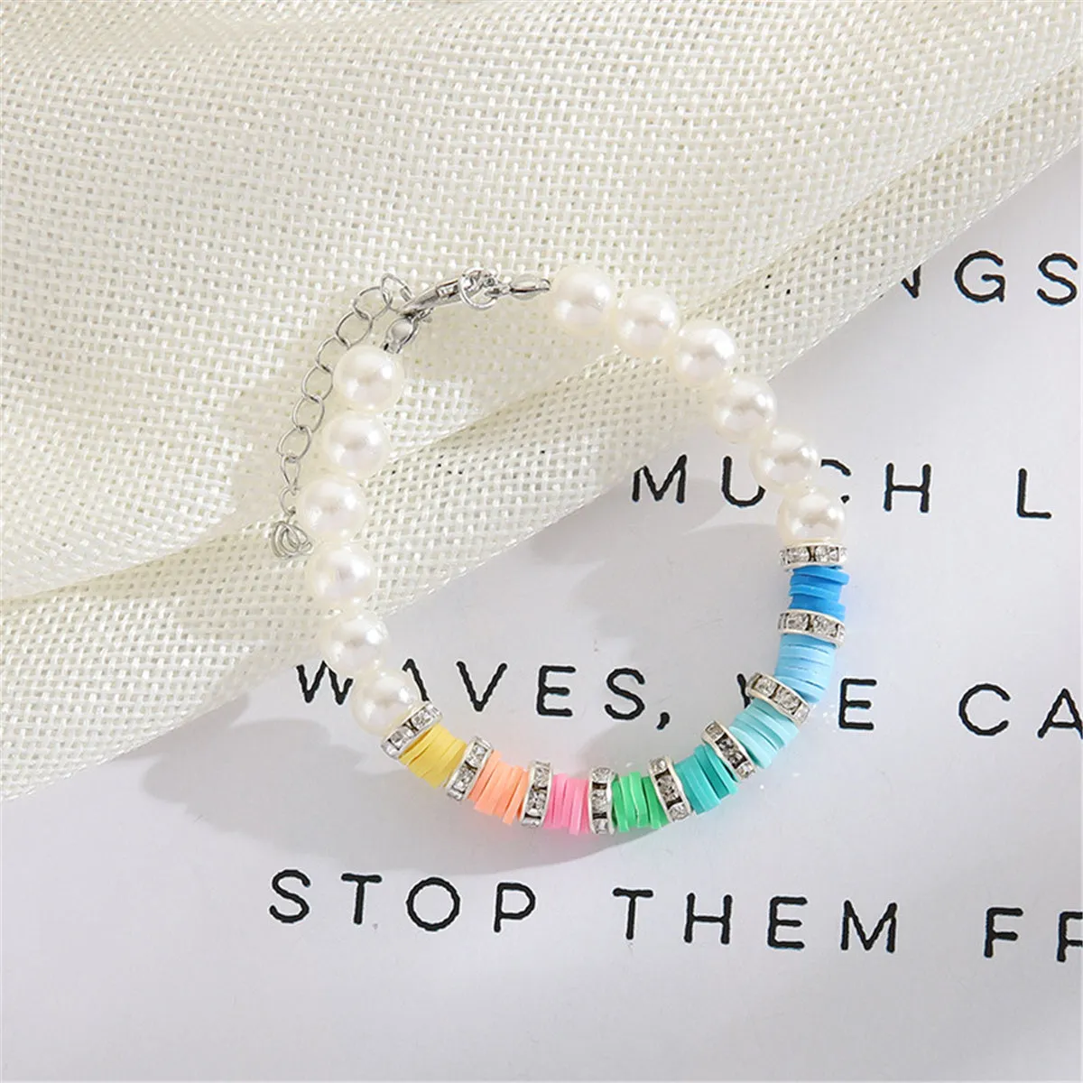 Blue Polymer Clay & Pearl Multicolor Beaded Bracelet