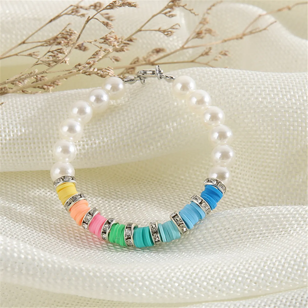 Blue Polymer Clay & Pearl Multicolor Beaded Bracelet