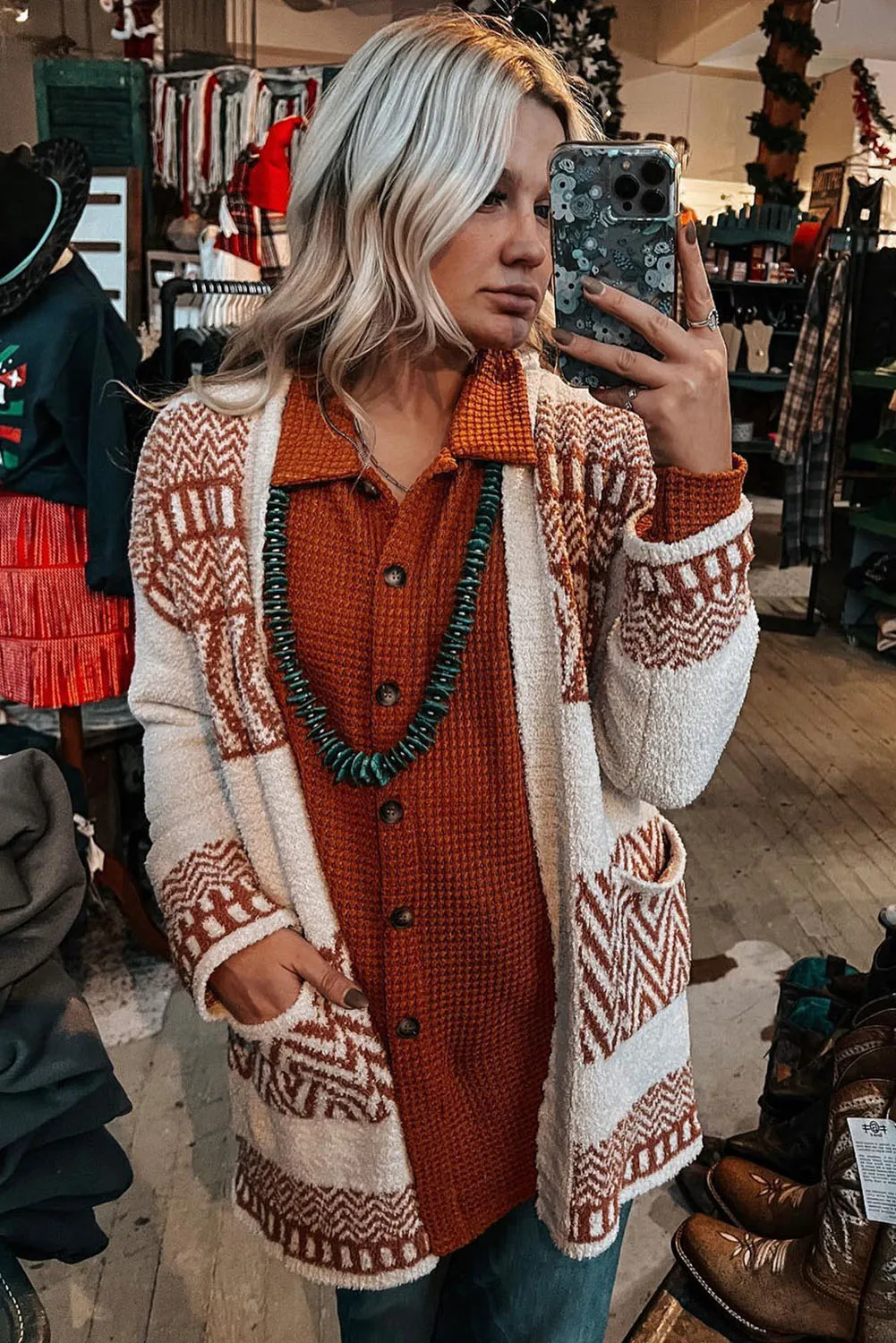 Bright White Western Aztec Belted Cardigan