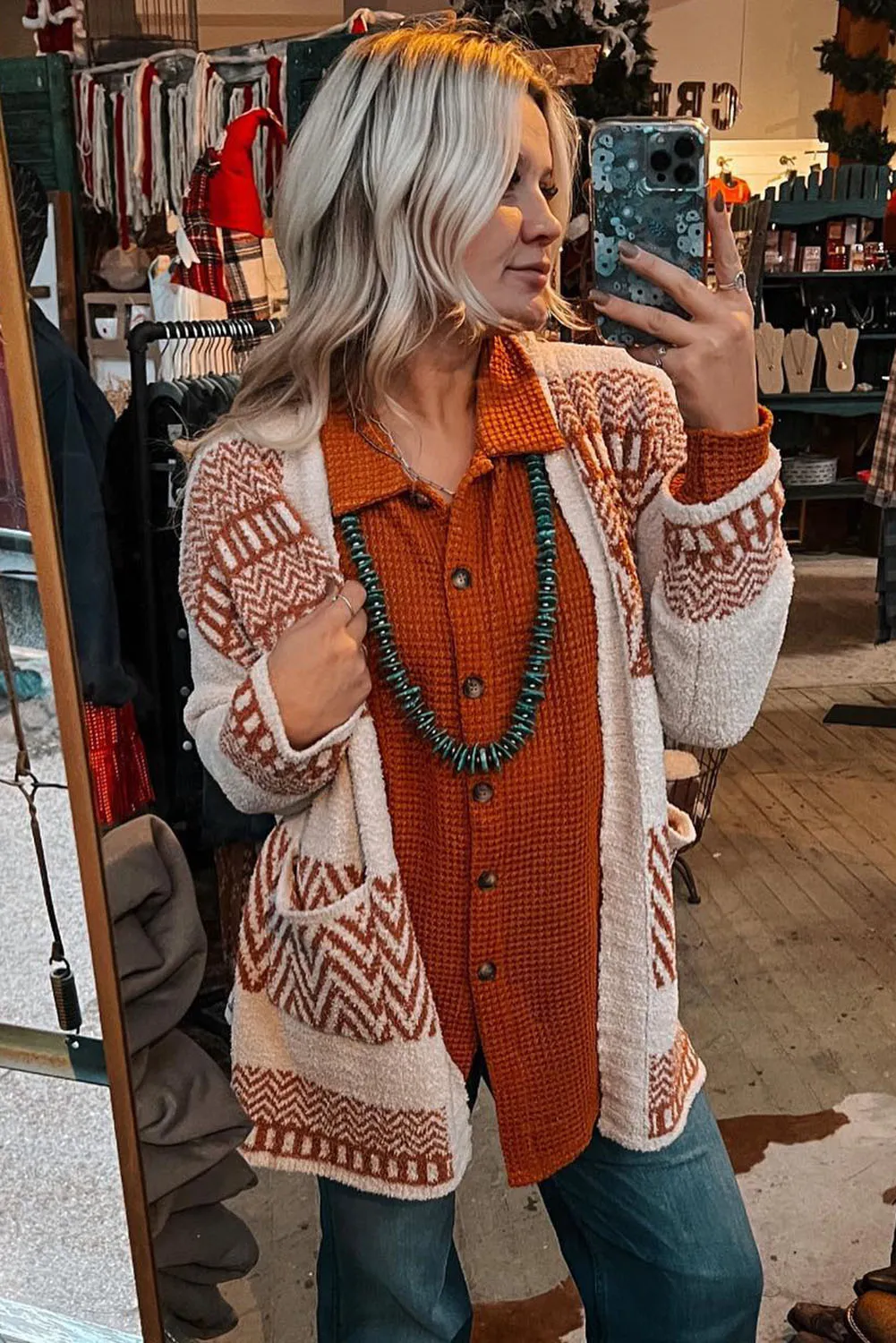 Bright White Western Aztec Belted Cardigan