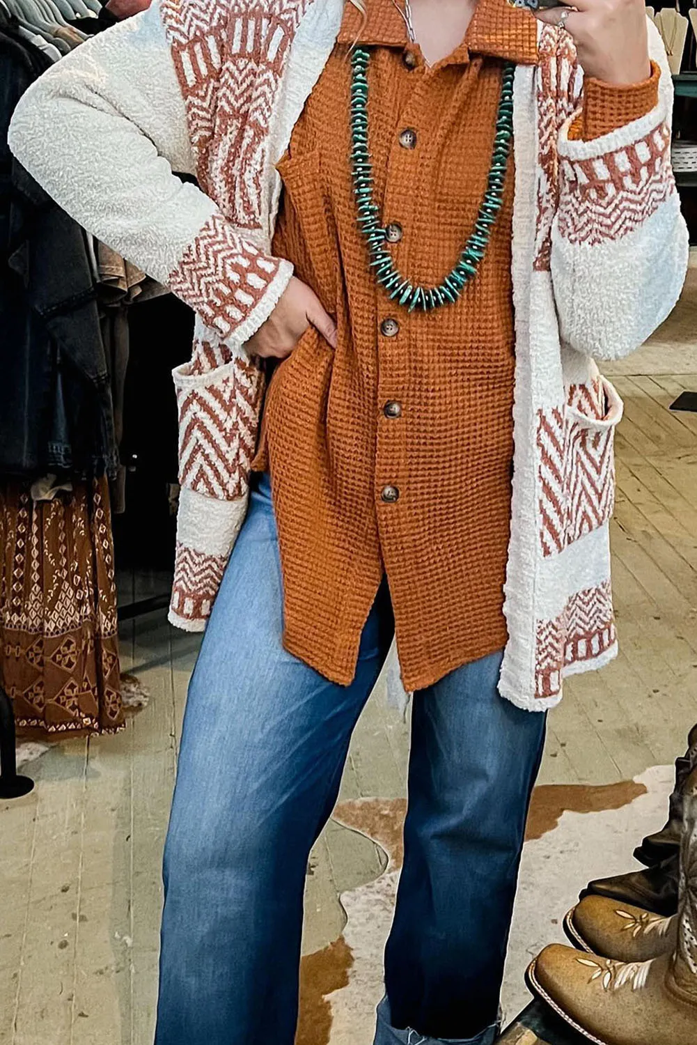 Bright White Western Aztec Belted Cardigan