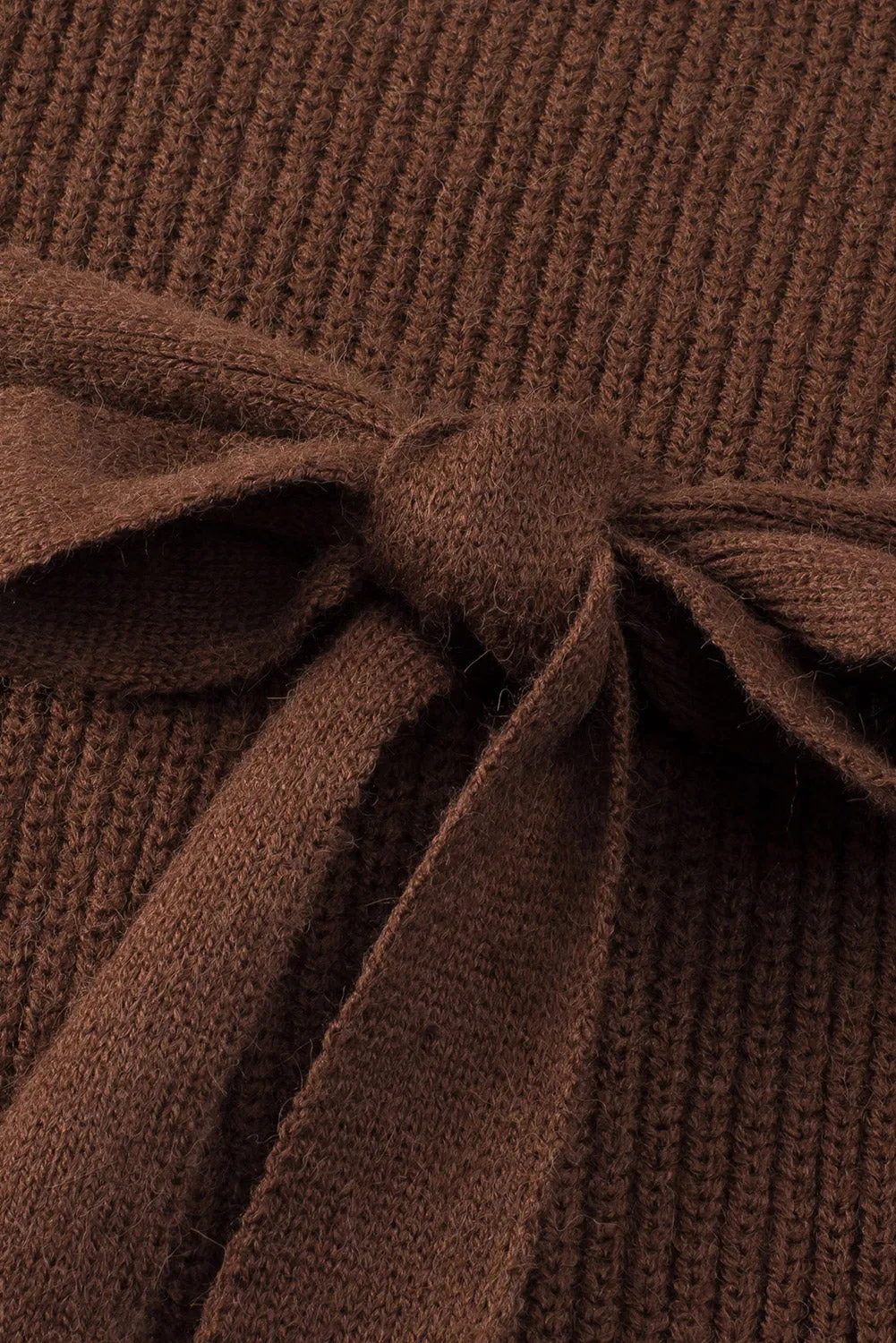 Brown Ribbed High Neck Hollowed Sleeve Belted Sweater