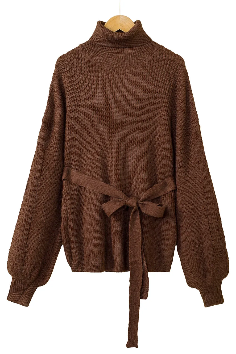 Brown Ribbed High Neck Hollowed Sleeve Belted Sweater