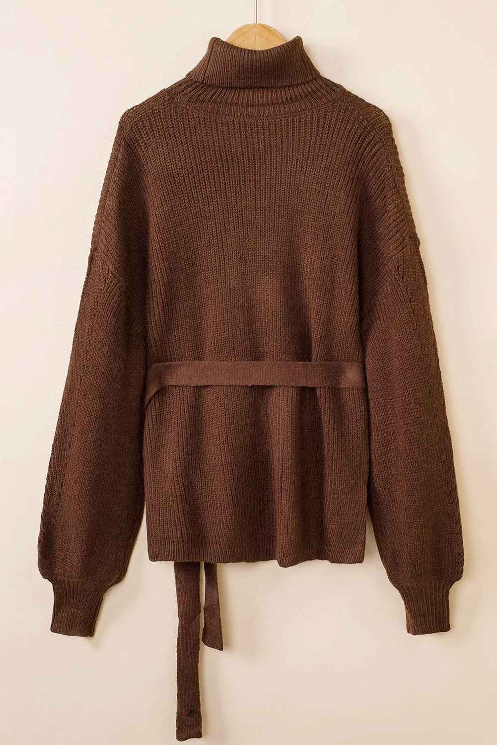 Brown Ribbed High Neck Hollowed Sleeve Belted Sweater