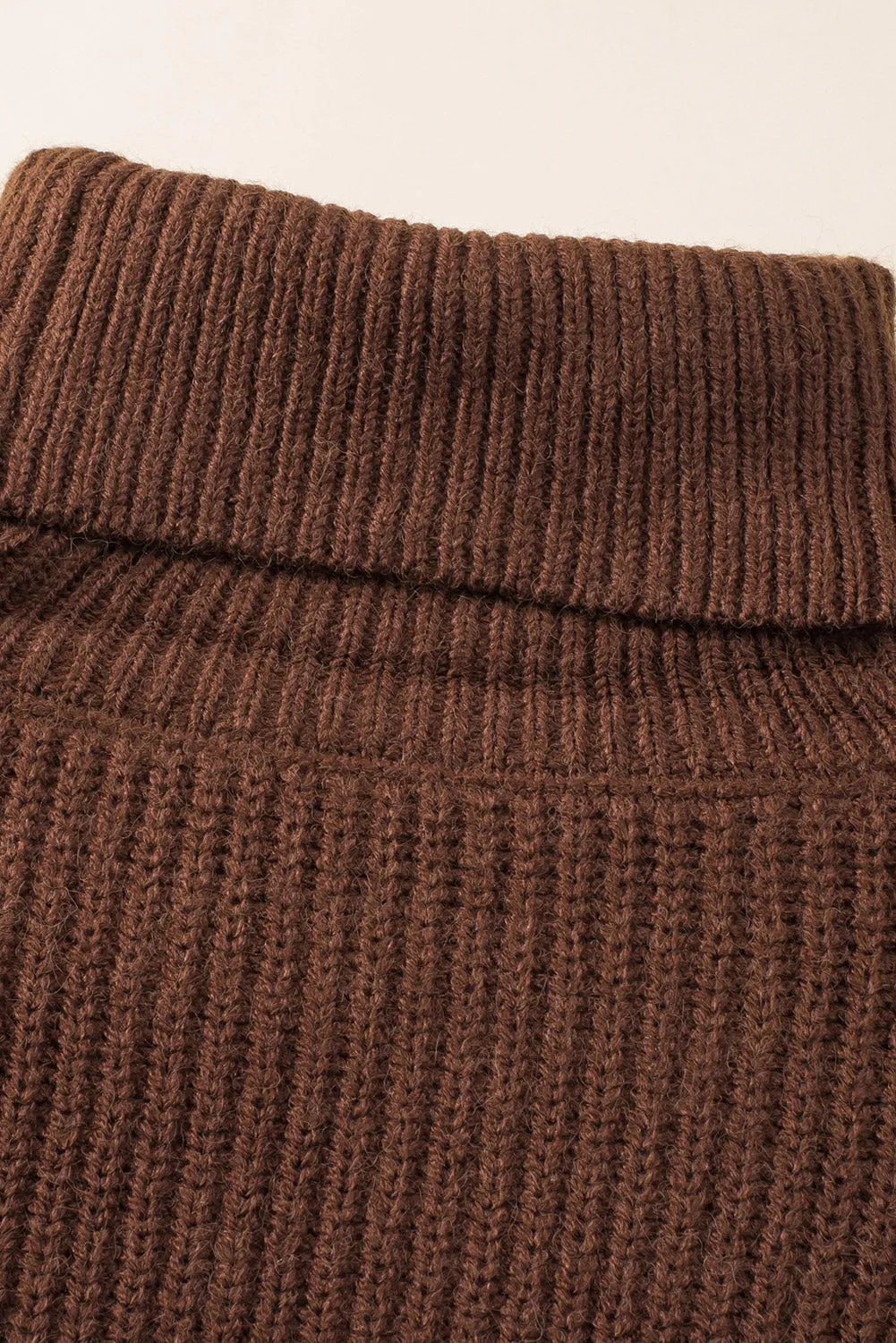 Brown Ribbed High Neck Hollowed Sleeve Belted Sweater