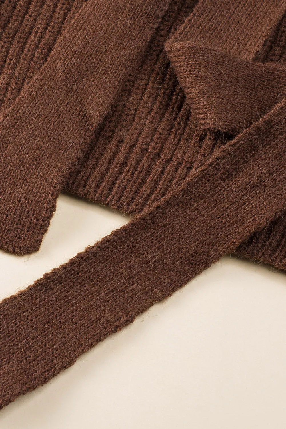 Brown Ribbed High Neck Hollowed Sleeve Belted Sweater
