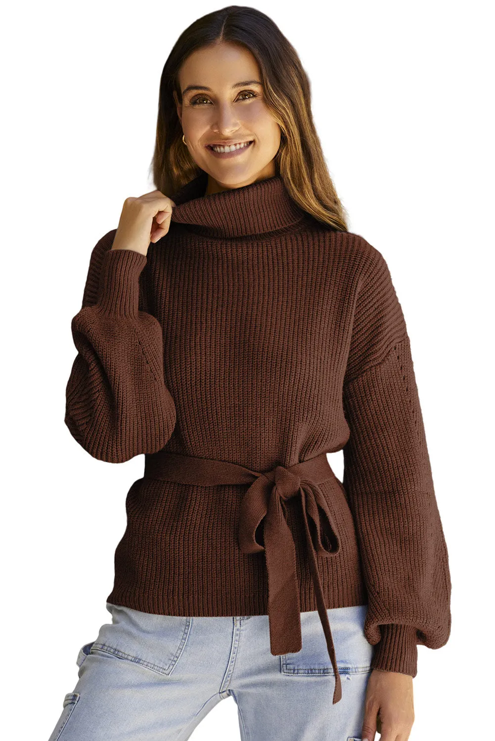 Brown Ribbed High Neck Hollowed Sleeve Belted Sweater