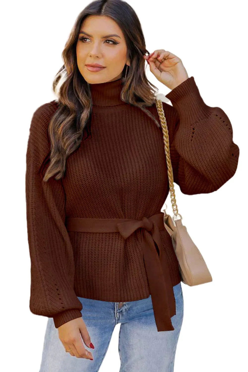 Brown Ribbed High Neck Hollowed Sleeve Belted Sweater