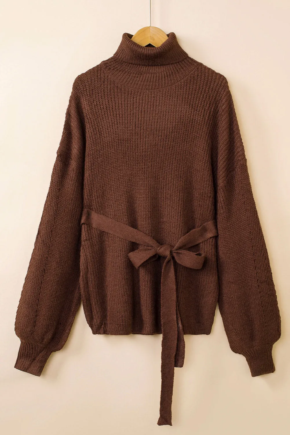 Brown Ribbed High Neck Hollowed Sleeve Belted Sweater