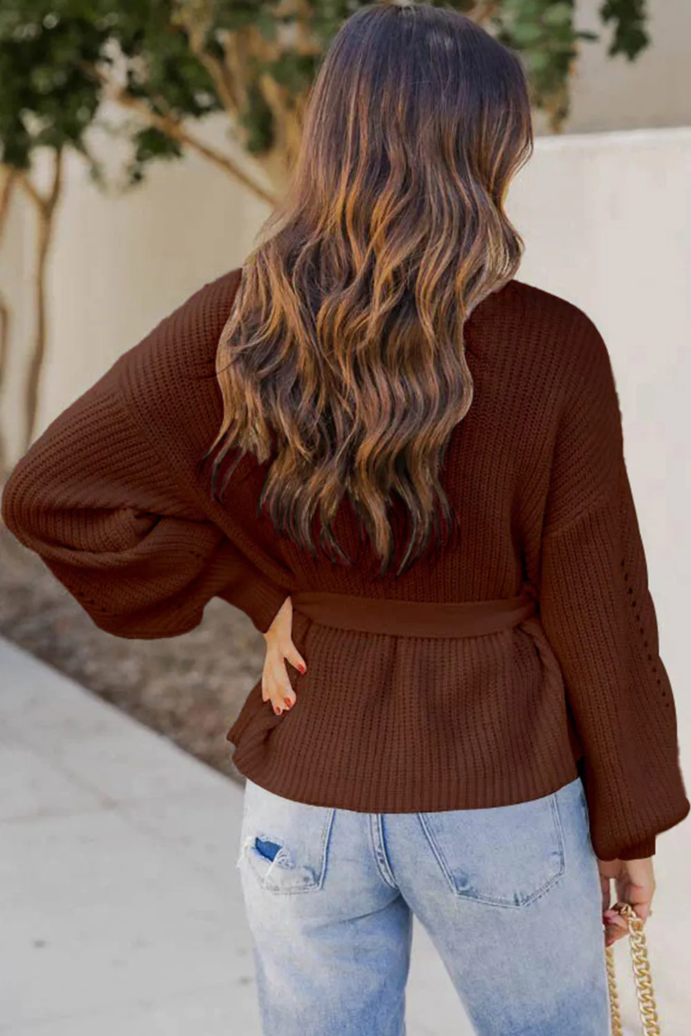 Brown Ribbed High Neck Hollowed Sleeve Belted Sweater