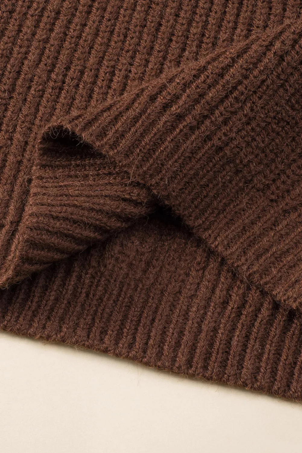 Brown Ribbed High Neck Hollowed Sleeve Belted Sweater